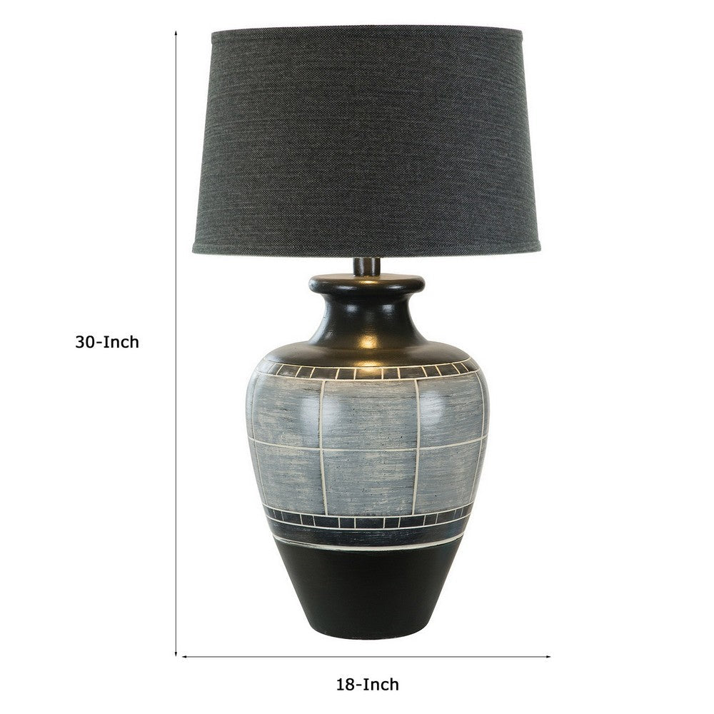 Benjara Riza 30 Inch Table Lamp, Curved Vase Shape, Dual Tone Gray, Drum Shade