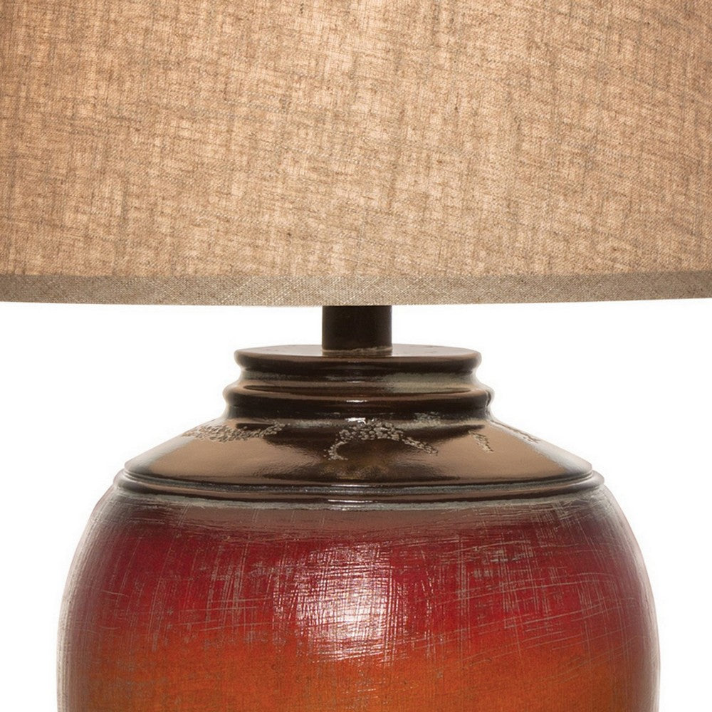 Benjara Ruhi 31 Inch Table Lamp, Curved Pot, Multicolor, Drum Shade, Brown, Orange