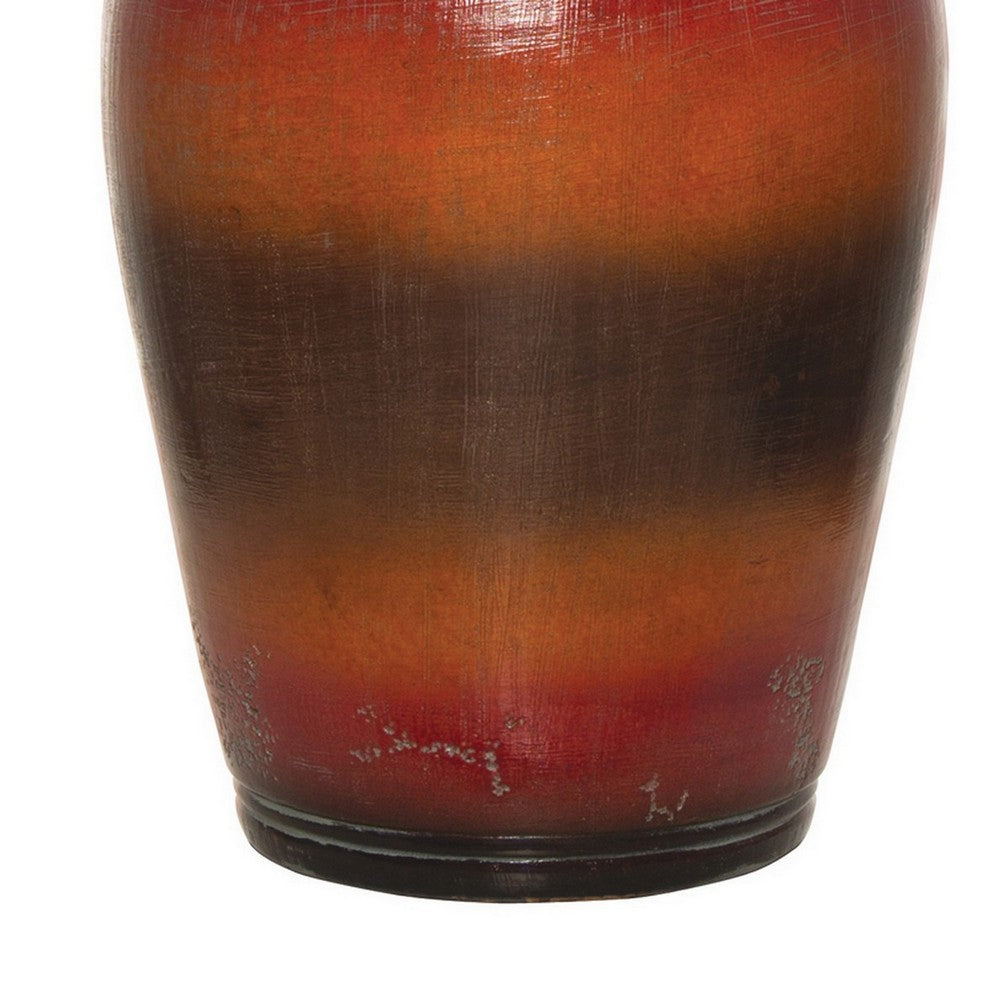 Benjara Ruhi 31 Inch Table Lamp, Curved Pot, Multicolor, Drum Shade, Brown, Orange