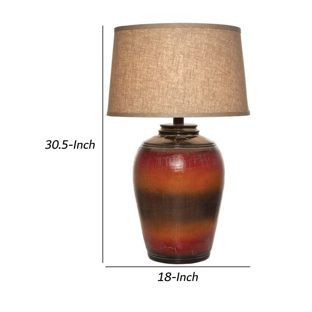 Benjara Ruhi 31 Inch Table Lamp, Curved Pot, Multicolor, Drum Shade, Brown, Orange