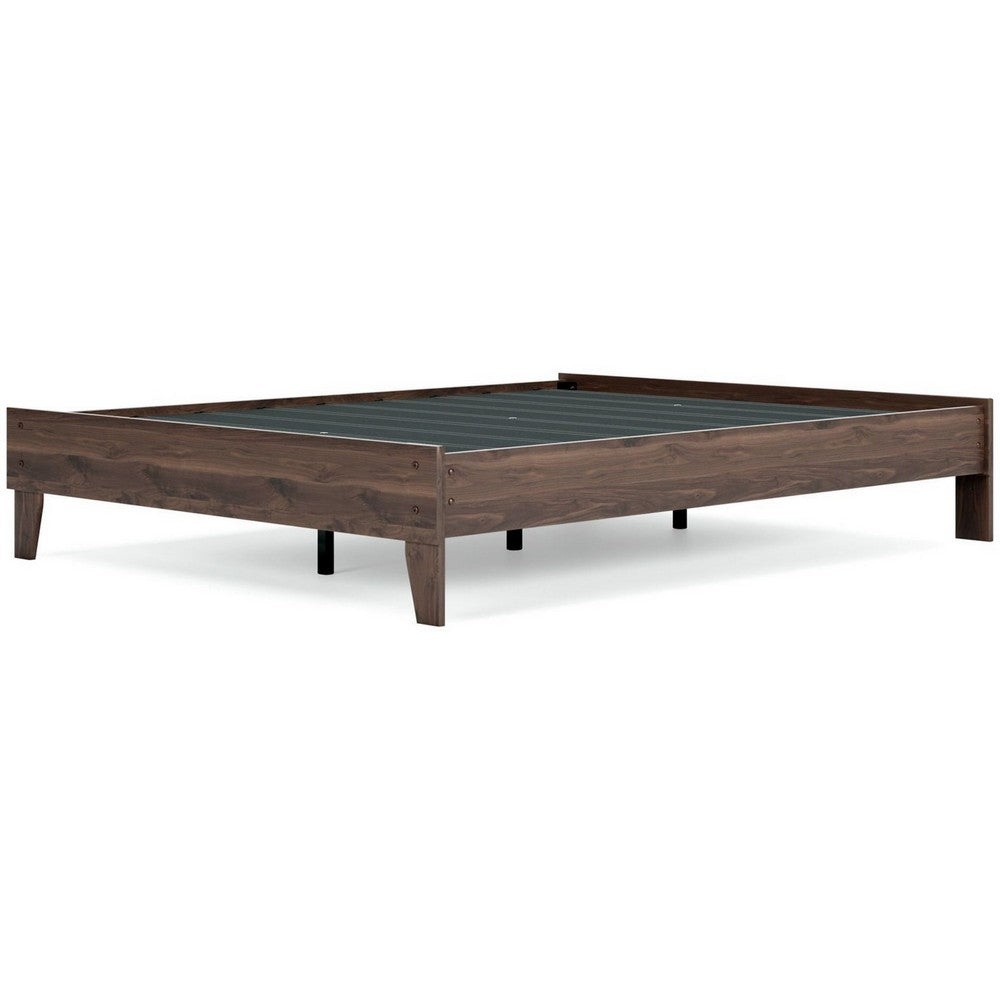 Benjara Sof Queen Size Platform Bed, Low Profile, Footboard, Dark Brown Finish