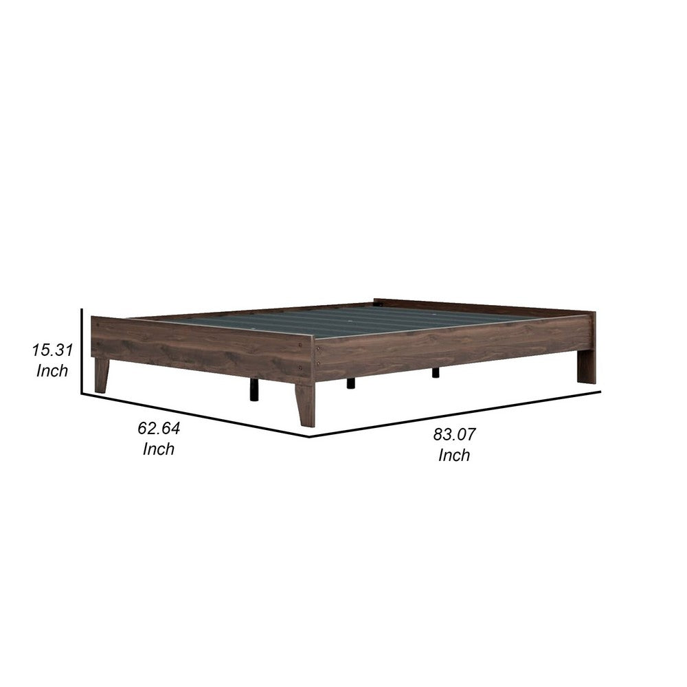 Benjara Sof Queen Size Platform Bed, Low Profile, Footboard, Dark Brown Finish