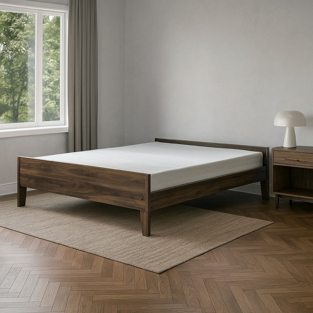 Benjara Sof Queen Size Platform Bed, Low Profile, Footboard, Dark Brown Finish