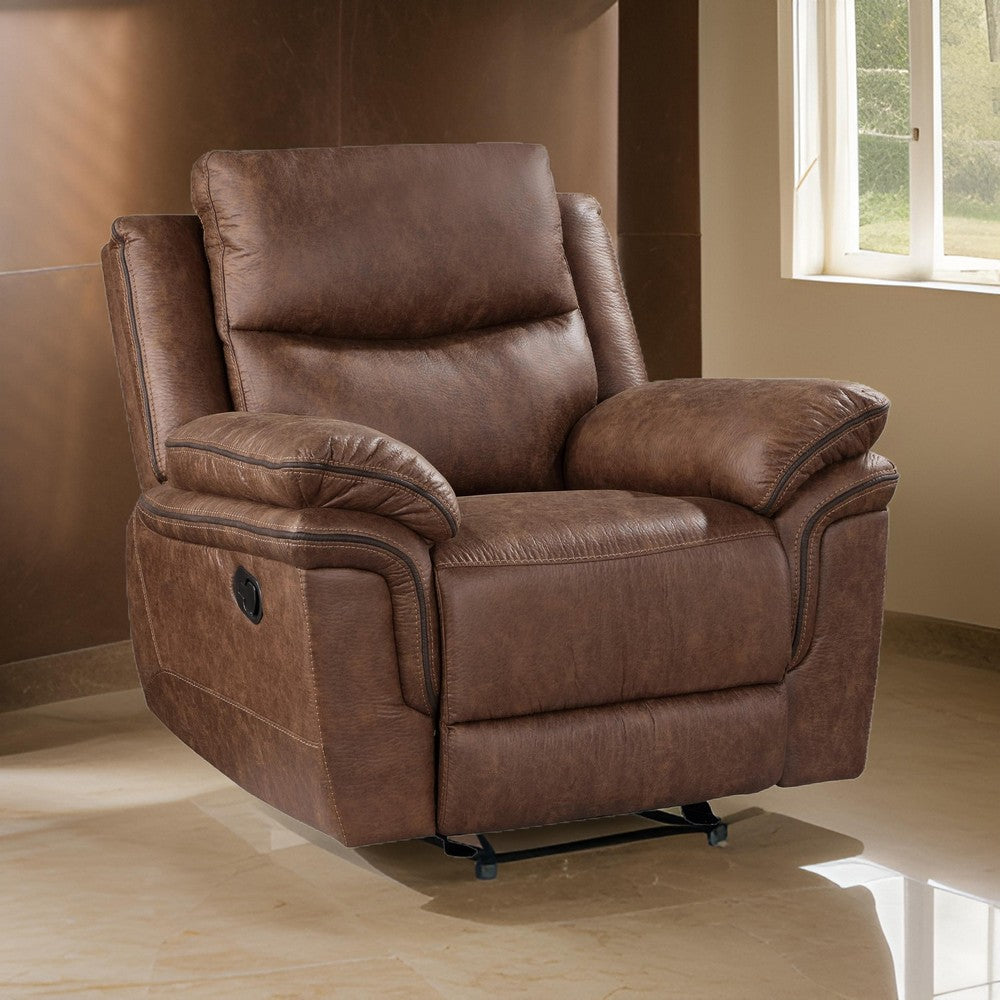 Benjara Quir 42 Inch Manual Recliner Armchair, Gliding Hardware, Brown Polyester