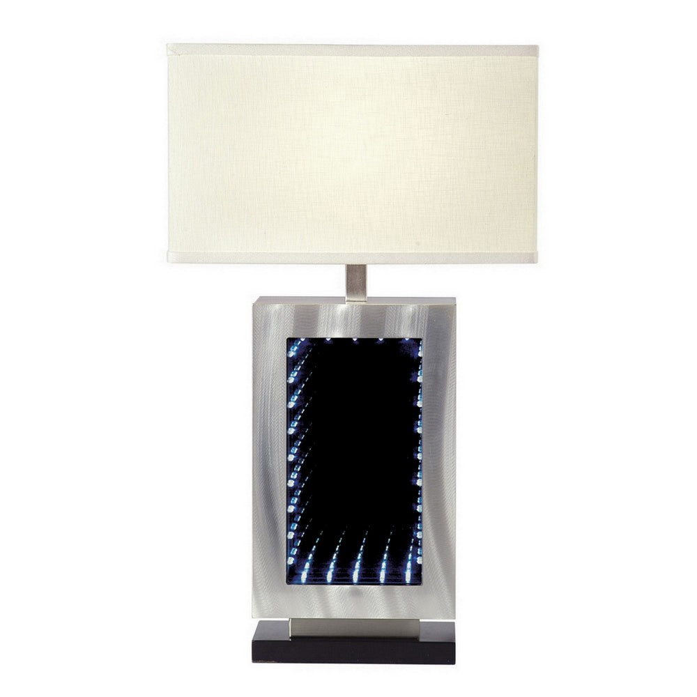 Benjara Ziva 27 Inch Table Lamp, LED Night Light, Rectangular Shade, Matte Silver