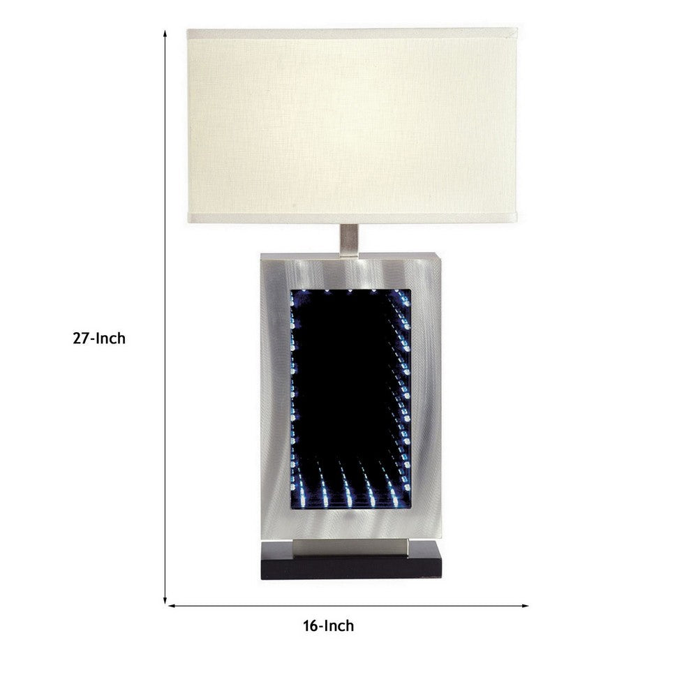 Benjara Ziva 27 Inch Table Lamp, LED Night Light, Rectangular Shade, Matte Silver