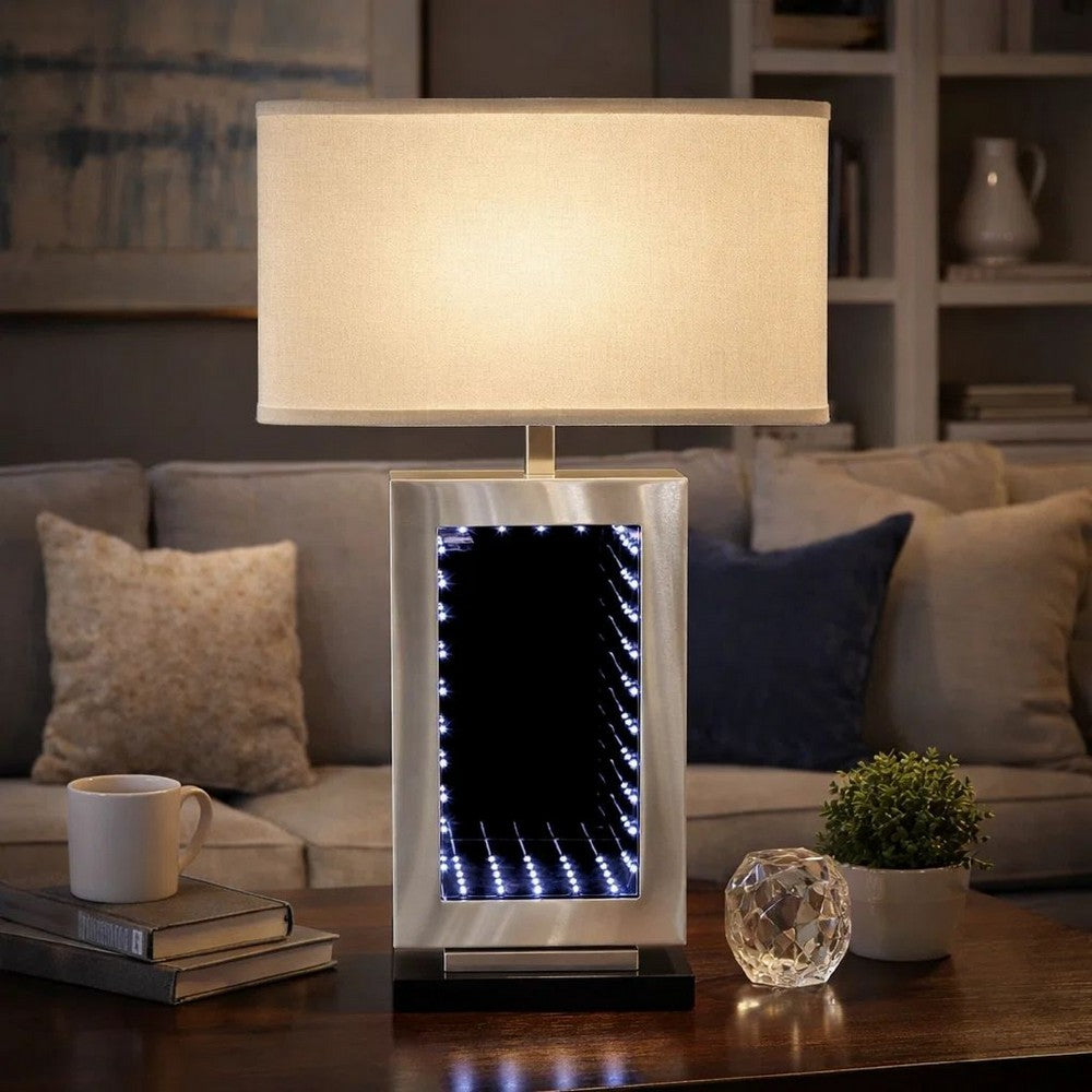 Benjara Ziva 27 Inch Table Lamp, LED Night Light, Rectangular Shade, Matte Silver