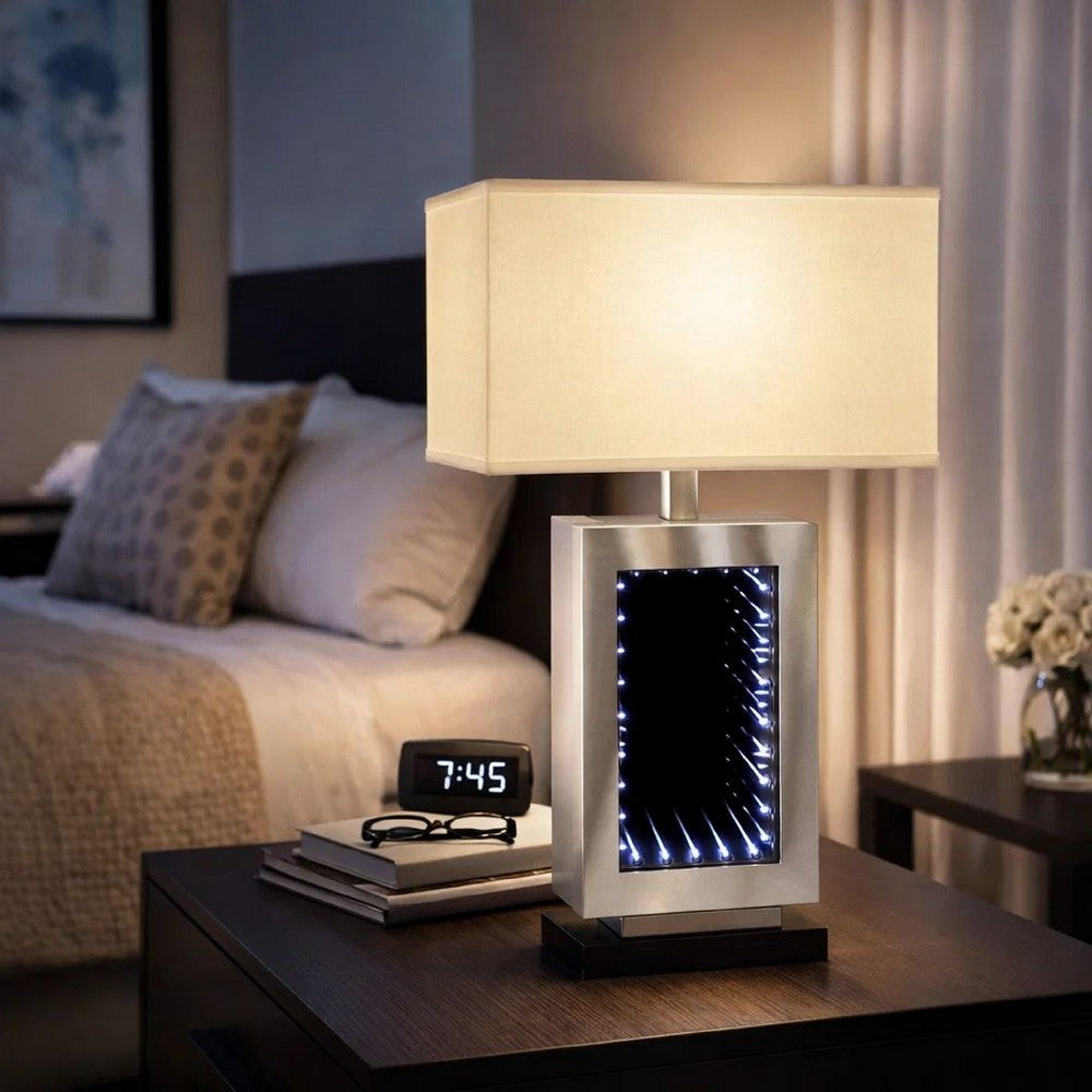 Benjara Ziva 27 Inch Table Lamp, LED Night Light, Rectangular Shade, Matte Silver