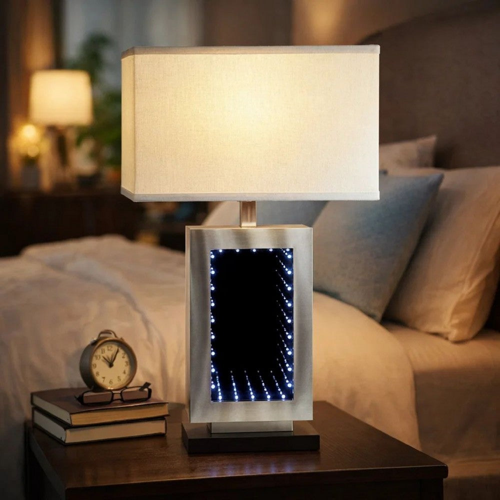 Benjara Ziva 27 Inch Table Lamp, LED Night Light, Rectangular Shade, Matte Silver