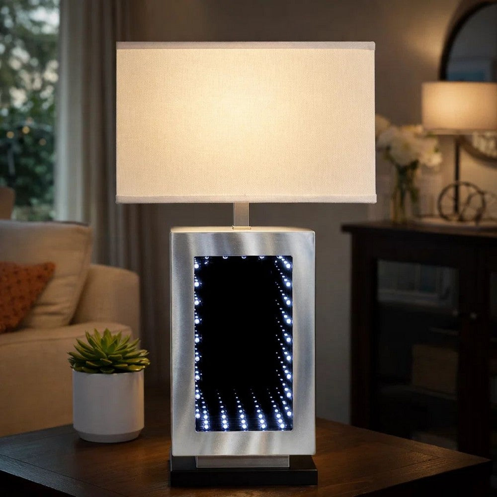 Benjara Ziva 27 Inch Table Lamp, LED Night Light, Rectangular Shade, Matte Silver