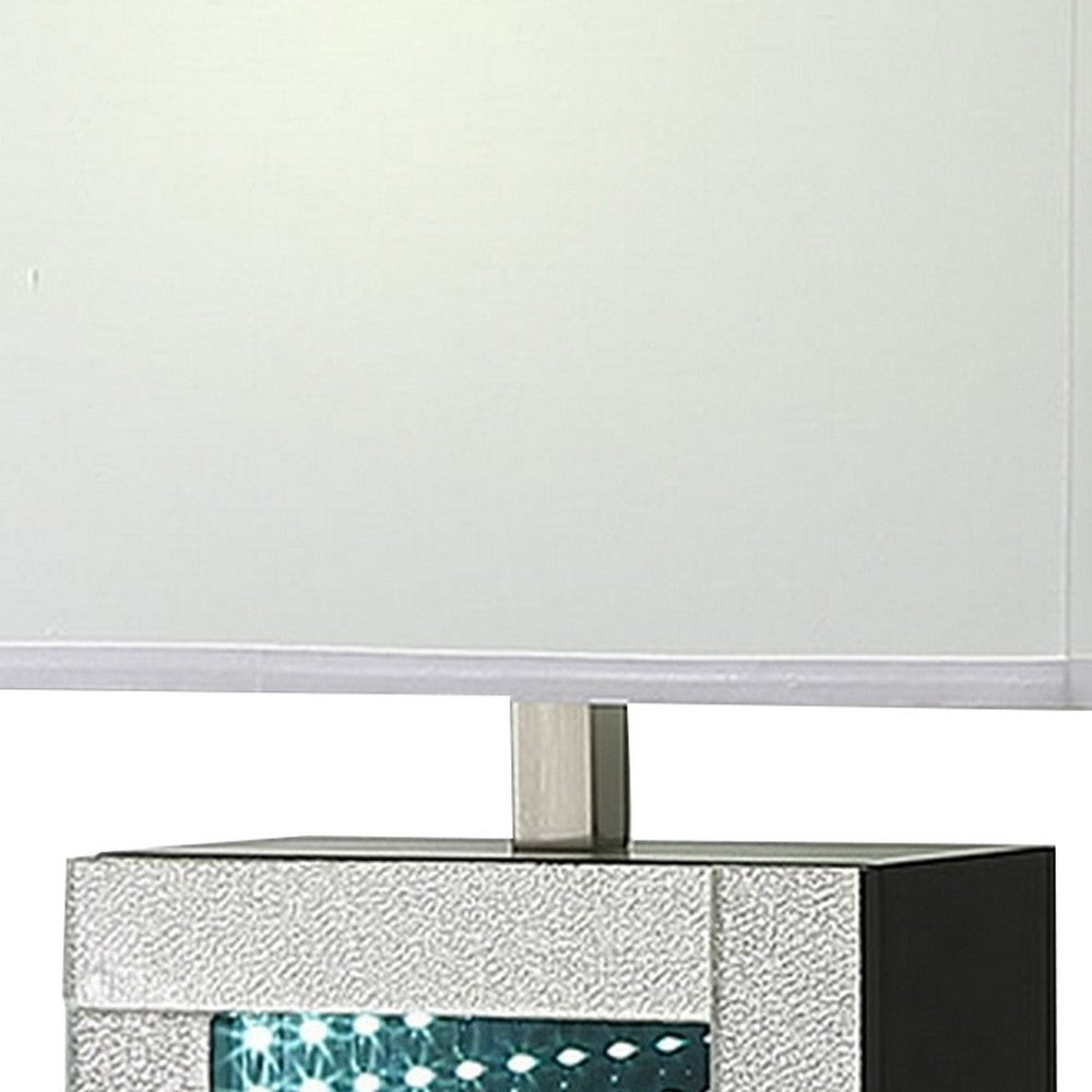 Benjara Ziva 27 Inch Table Lamp, LED Night Light, Rectangular Shade, Shiny Silver