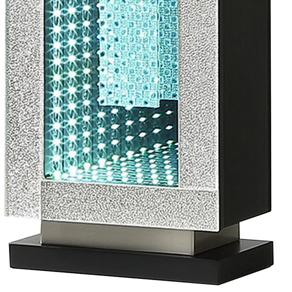 Benjara Ziva 27 Inch Table Lamp, LED Night Light, Rectangular Shade, Shiny Silver