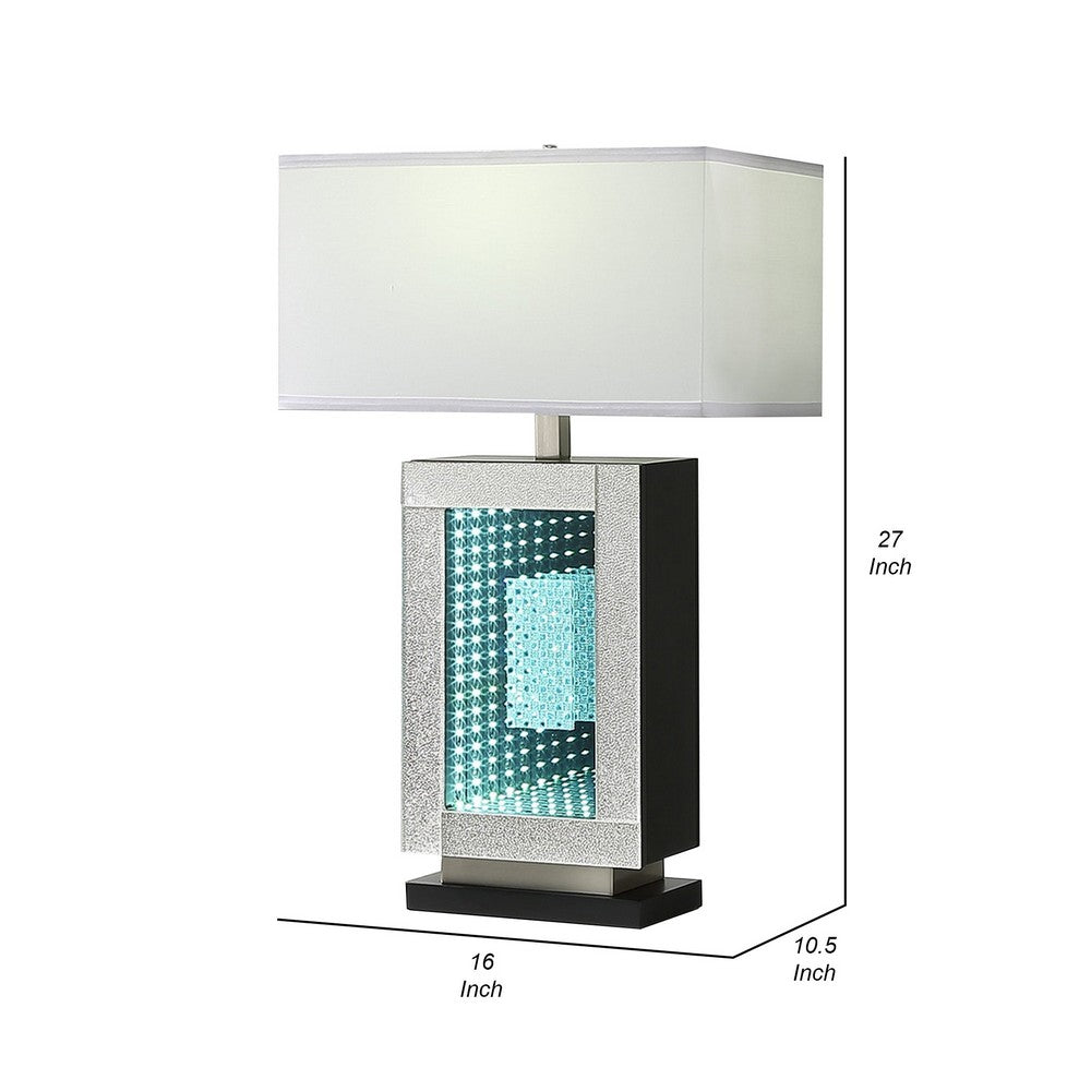 Benjara Ziva 27 Inch Table Lamp, LED Night Light, Rectangular Shade, Shiny Silver