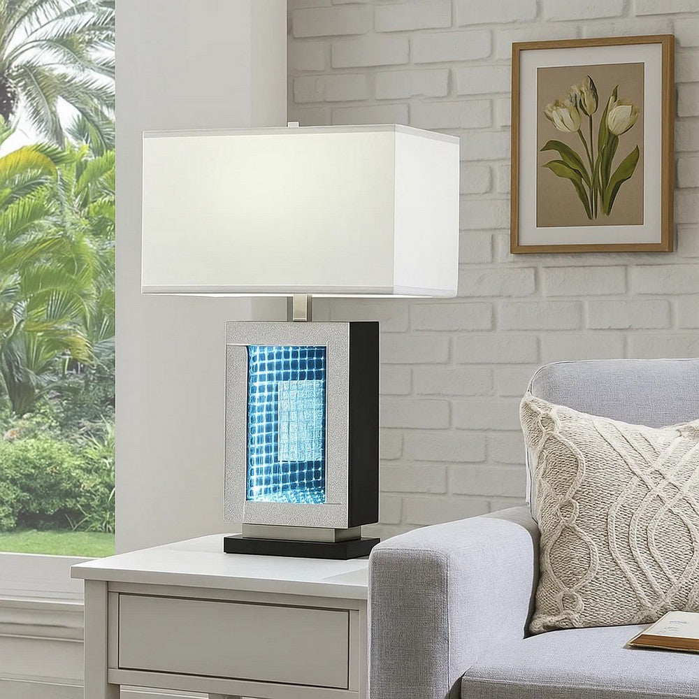 Benjara Ziva 27 Inch Table Lamp, LED Night Light, Rectangular Shade, Shiny Silver