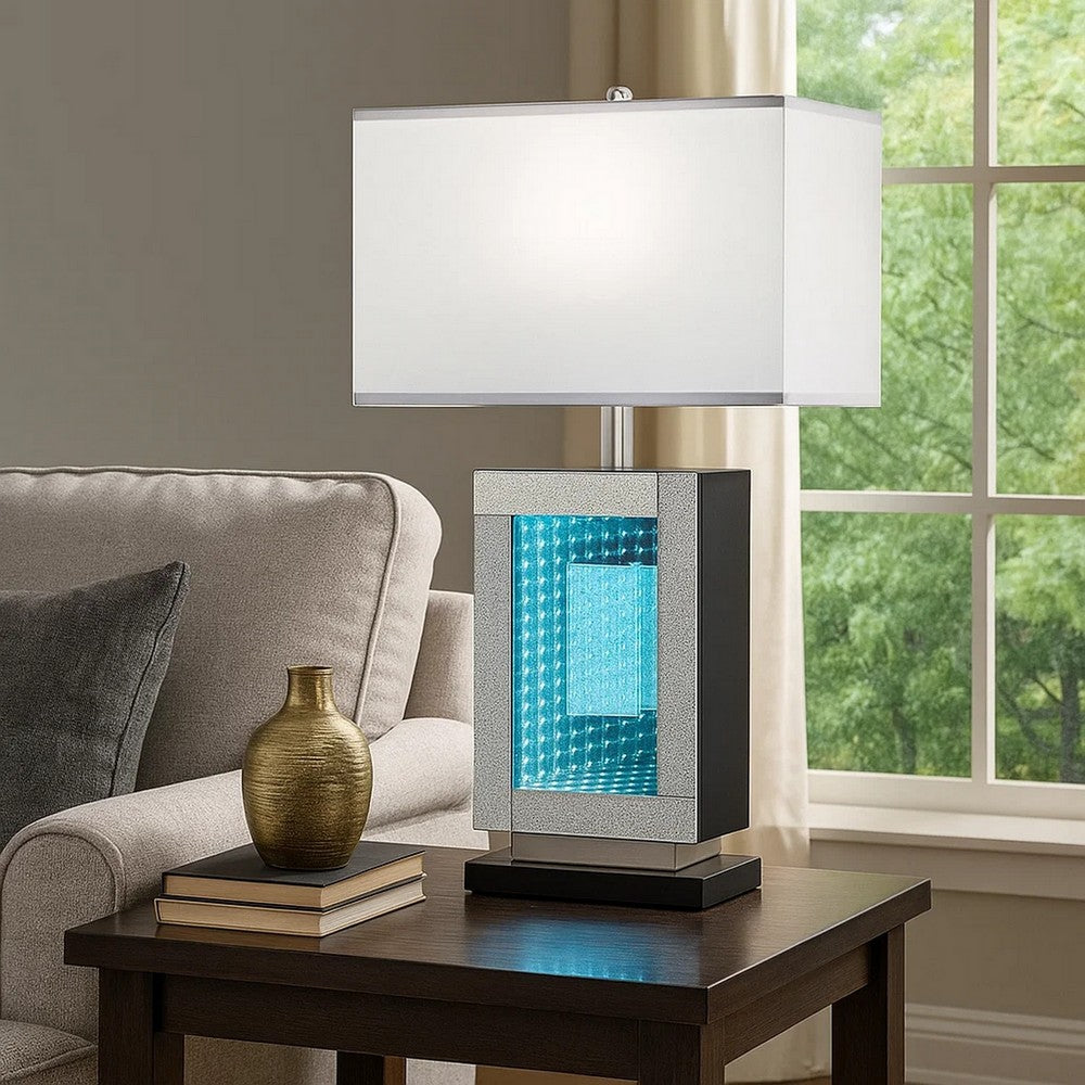 Benjara Ziva 27 Inch Table Lamp, LED Night Light, Rectangular Shade, Shiny Silver