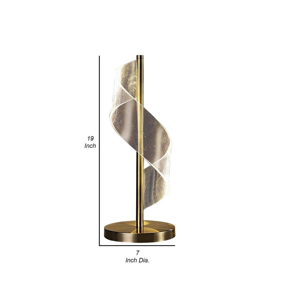 Benjara Melly 19 Inch Table Lamp, LED Swirl Ribbon Design, Acrylic, Antique Brass