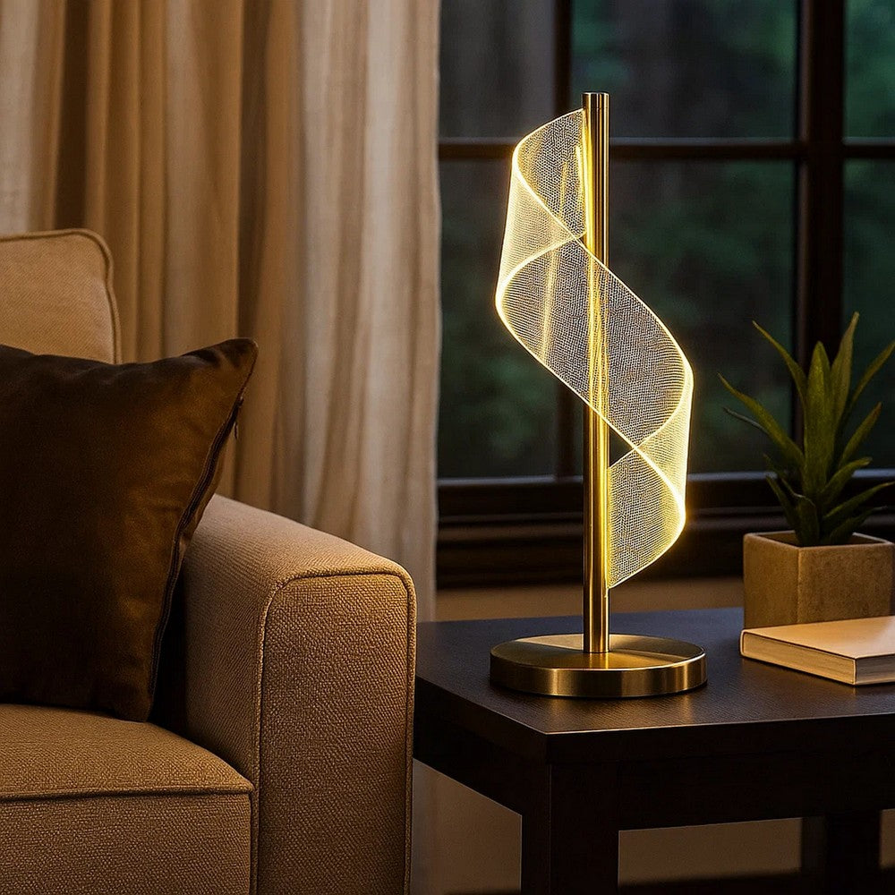 Benjara Melly 19 Inch Table Lamp, LED Swirl Ribbon Design, Acrylic, Antique Brass