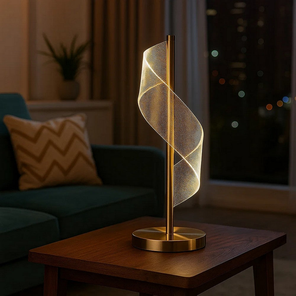 Benjara Melly 19 Inch Table Lamp, LED Swirl Ribbon Design, Acrylic, Antique Brass