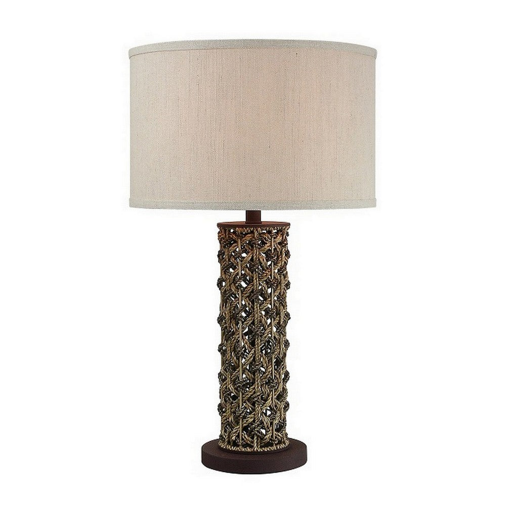Benjara 27 Inch Table Lamp, Woven Rope Design, Drum Shade, Rattan Wood, Brown