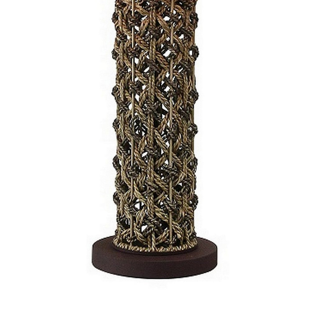Benjara 27 Inch Table Lamp, Woven Rope Design, Drum Shade, Rattan Wood, Brown