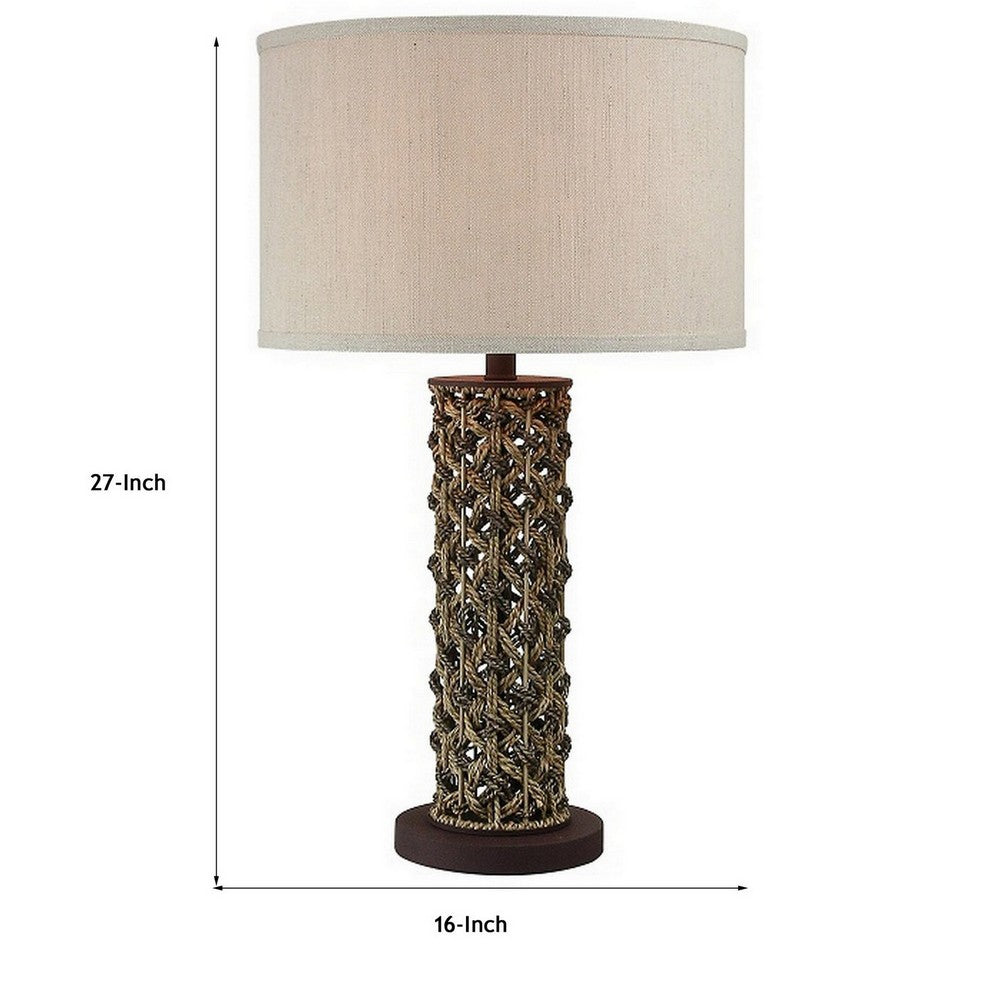 Benjara 27 Inch Table Lamp, Woven Rope Design, Drum Shade, Rattan Wood, Brown