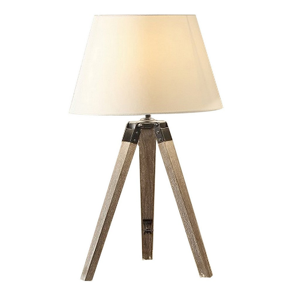 Benjara 27 Inch Table Lamp, Tripod Legs Base, Empire Shade, Natural Wood, Gray