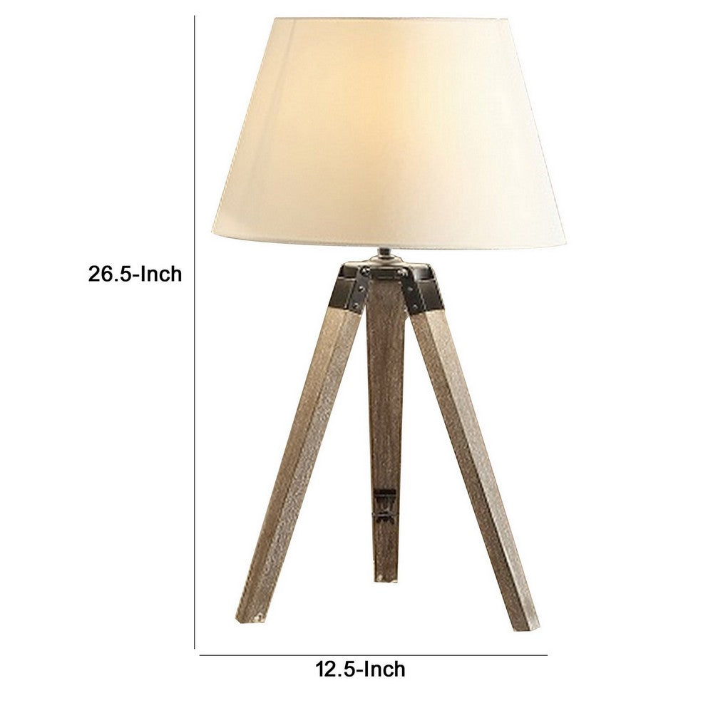 Benjara 27 Inch Table Lamp, Tripod Legs Base, Empire Shade, Natural Wood, Gray