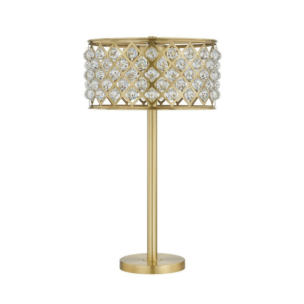 Benjara Dany 28 Inch Table Lamp with Crystal Drum Shade, Gold Brass Metal Base