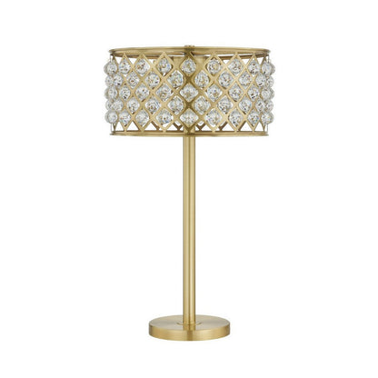 Benjara Dany 28 Inch Table Lamp with Crystal Drum Shade, Gold Brass Metal Base
