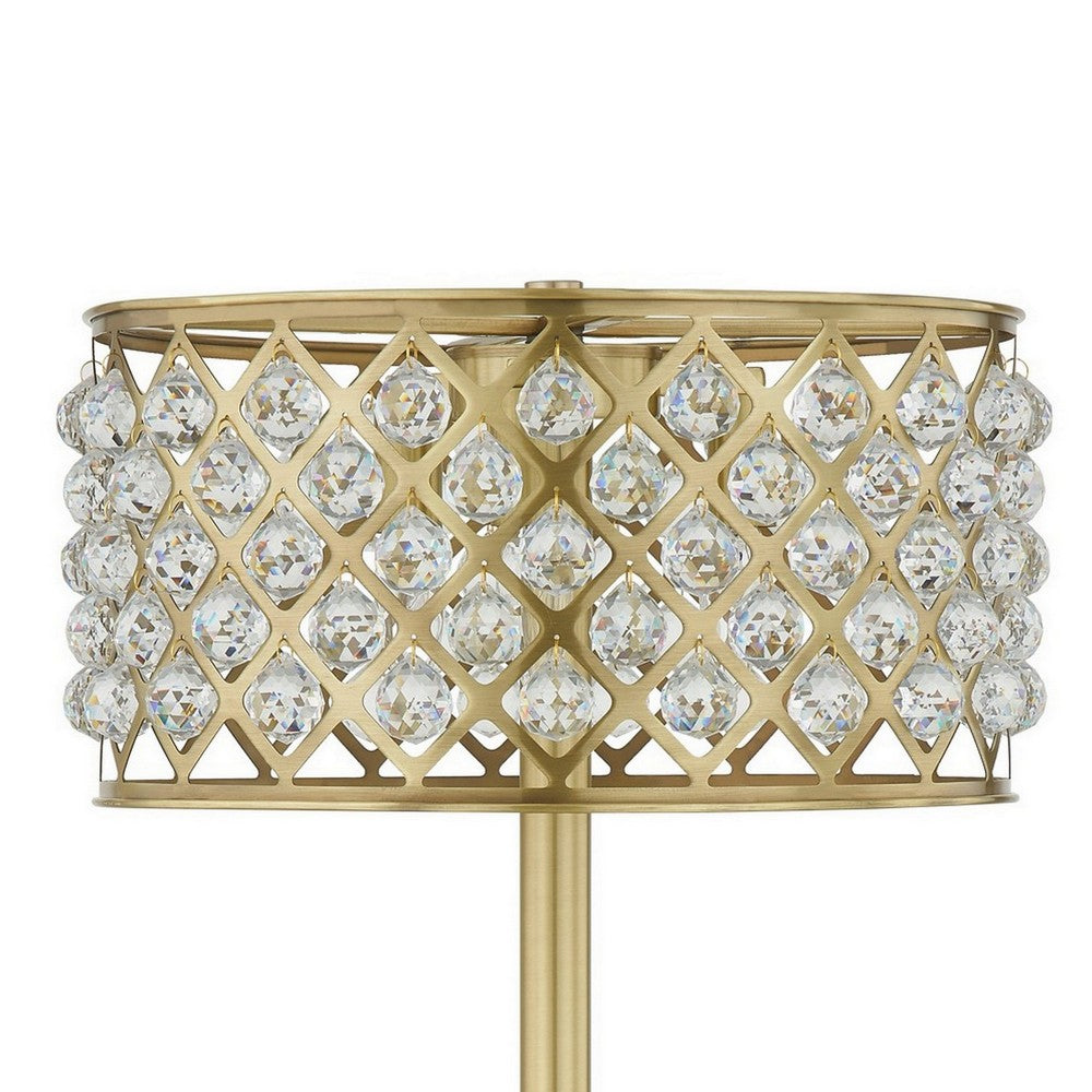 Benjara Dany 28 Inch Table Lamp with Crystal Drum Shade, Gold Brass Metal Base