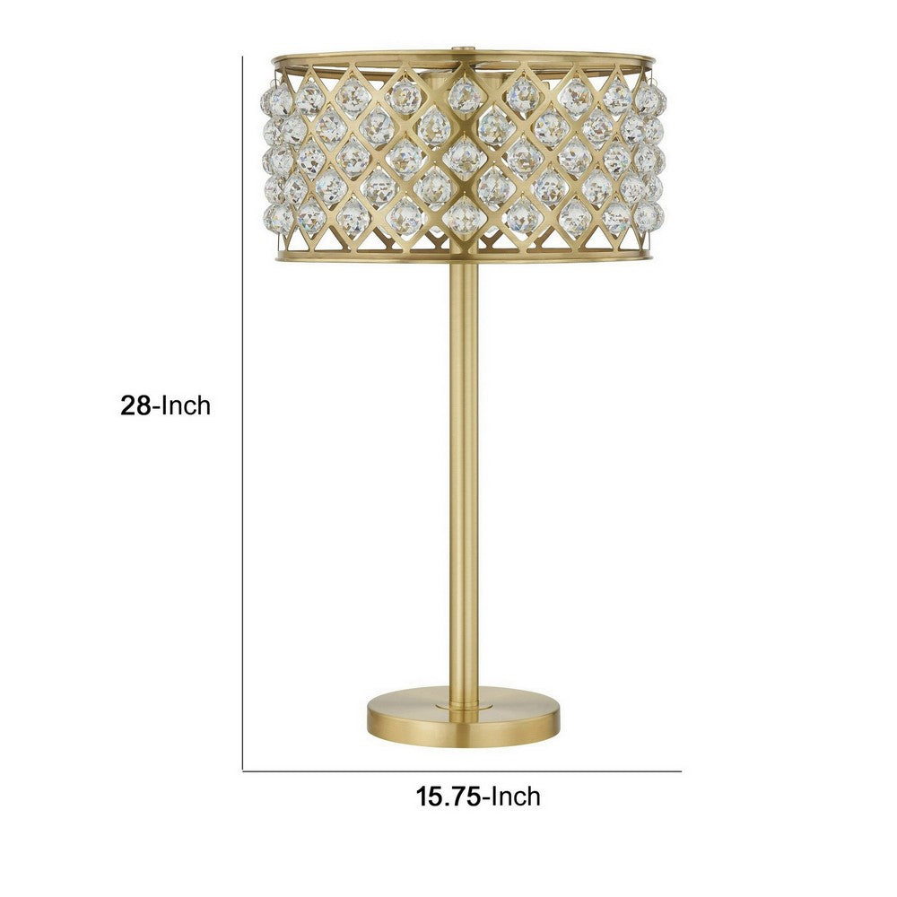 Benjara Dany 28 Inch Table Lamp with Crystal Drum Shade, Gold Brass Metal Base