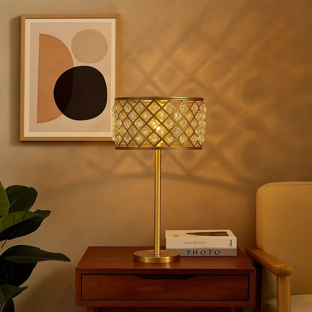 Benjara Dany 28 Inch Table Lamp with Crystal Drum Shade, Gold Brass Metal Base