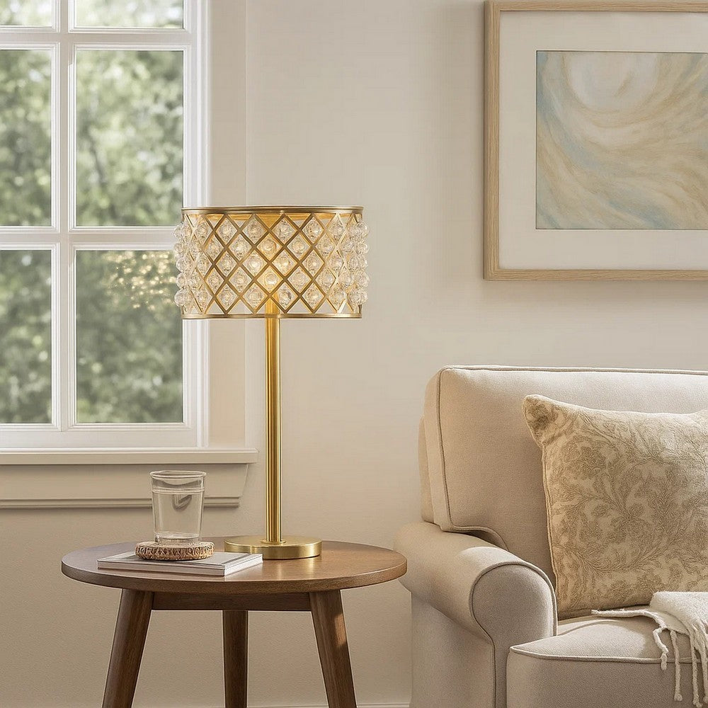 Benjara Dany 28 Inch Table Lamp with Crystal Drum Shade, Gold Brass Metal Base