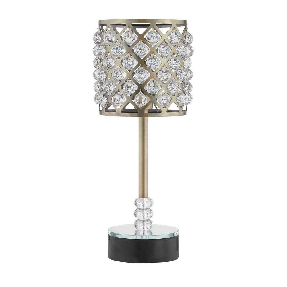 Benjara Dany 24 Inch Table Lamp with Crystal Drum Shade, Black Metal, Antique Brass