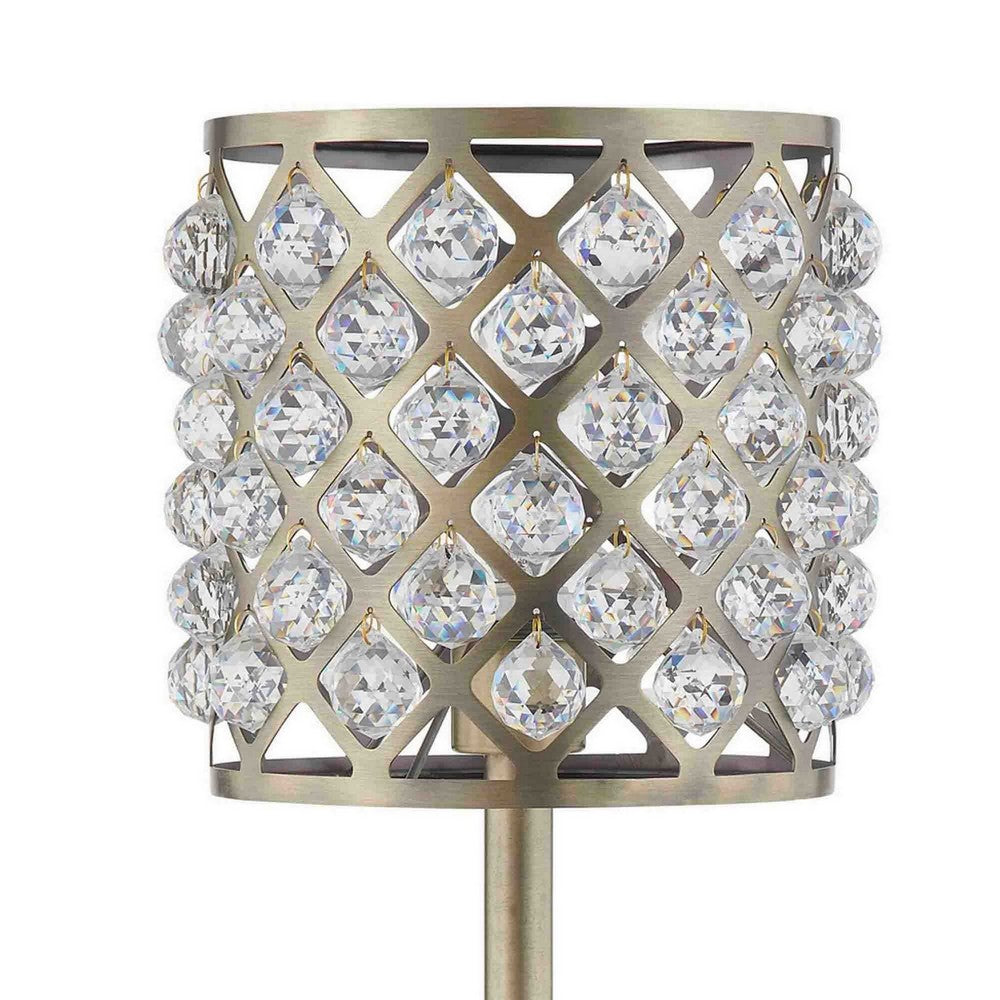 Benjara Dany 24 Inch Table Lamp with Crystal Drum Shade, Black Metal, Antique Brass