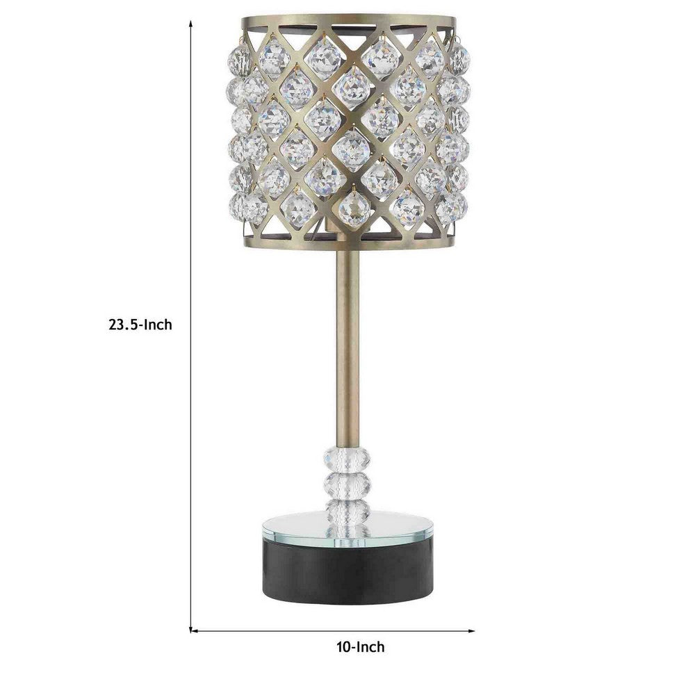 Benjara Dany 24 Inch Table Lamp with Crystal Drum Shade, Black Metal, Antique Brass