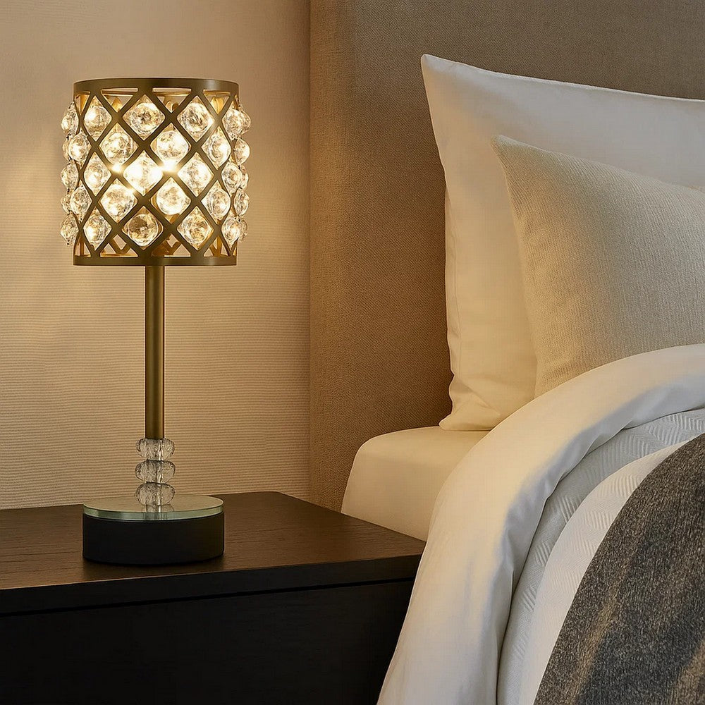 Benjara Dany 24 Inch Table Lamp with Crystal Drum Shade, Black Metal, Antique Brass
