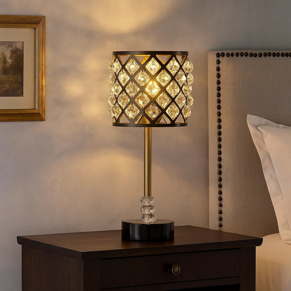 Benjara Dany 24 Inch Table Lamp with Crystal Drum Shade, Black Metal, Antique Brass