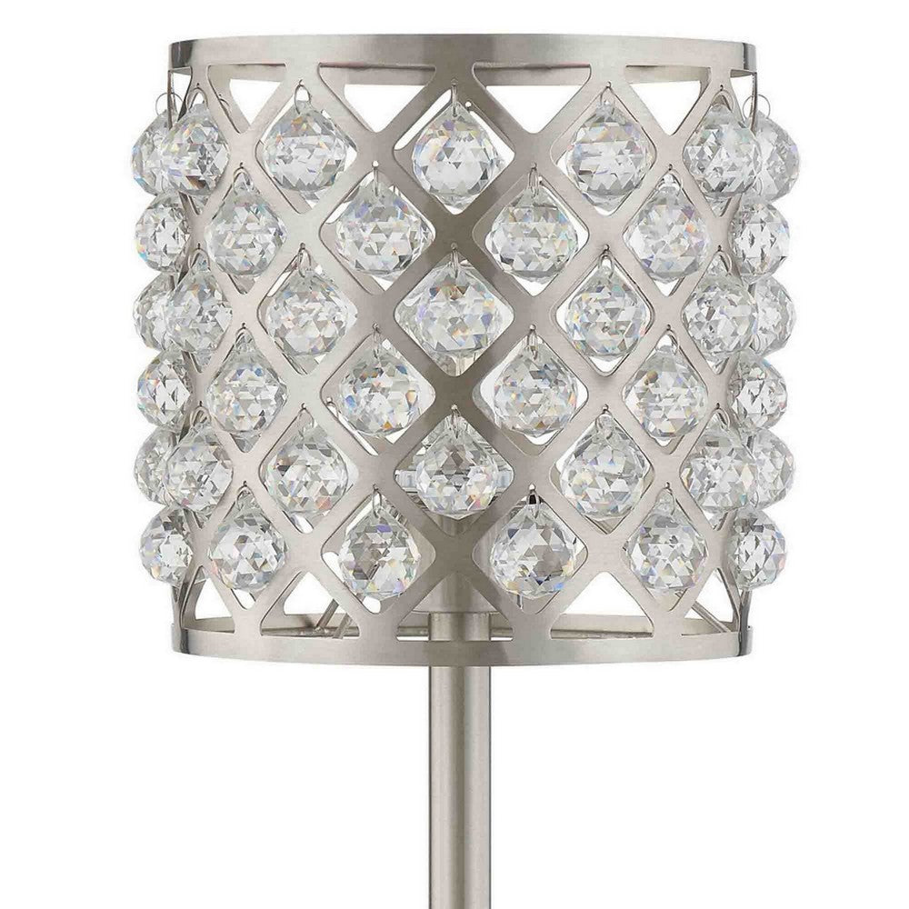 Benjara Dany 24 Inch Table Lamp with Crystal Drum Shade, Metal, Brushed Nickel