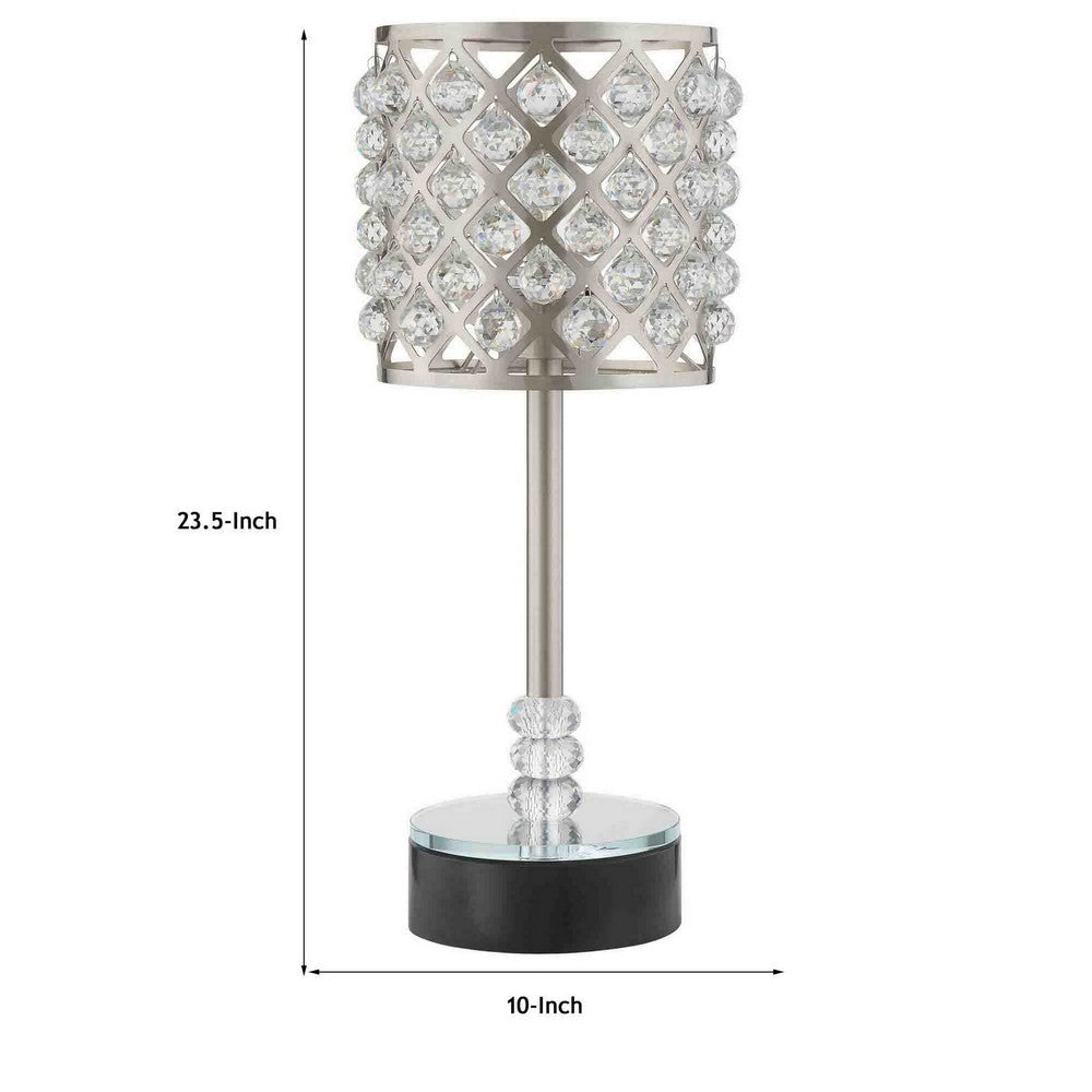 Benjara Dany 24 Inch Table Lamp with Crystal Drum Shade, Metal, Brushed Nickel