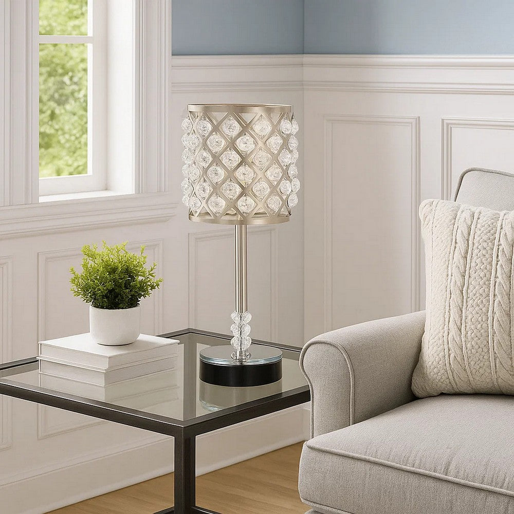 Benjara Dany 24 Inch Table Lamp with Crystal Drum Shade, Metal, Brushed Nickel