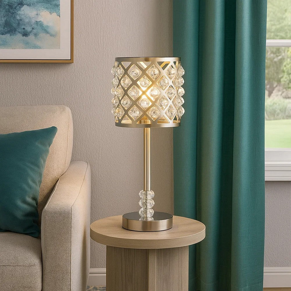 Benjara Dany 24 Inch Table Lamp with Crystal Drum Shade, Metal, Brushed Nickel