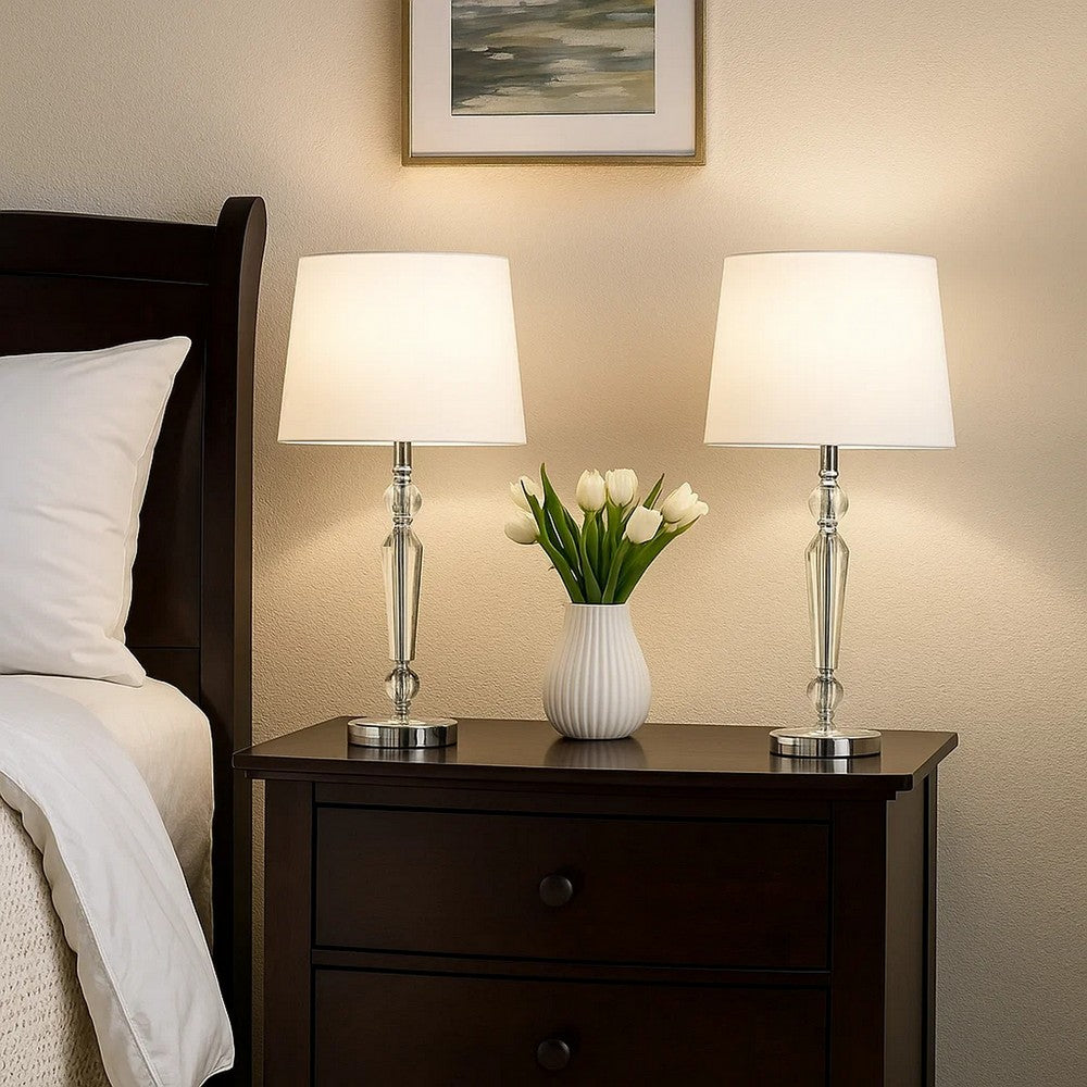 Benjara 24 Inch Table Lamp Set of 2 with Glass Stands, Metal Base, Clear Finish