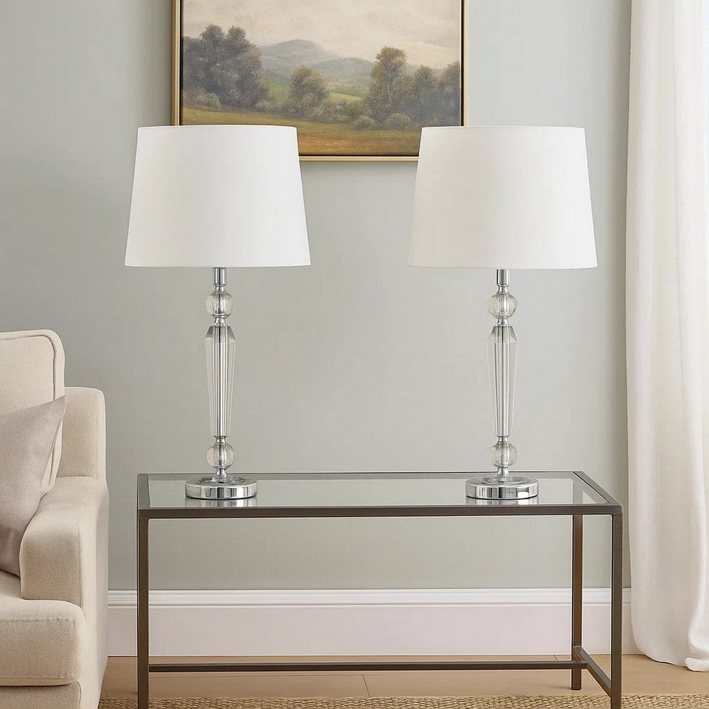 Benjara 24 Inch Table Lamp Set of 2 with Glass Stands, Metal Base, Clear Finish