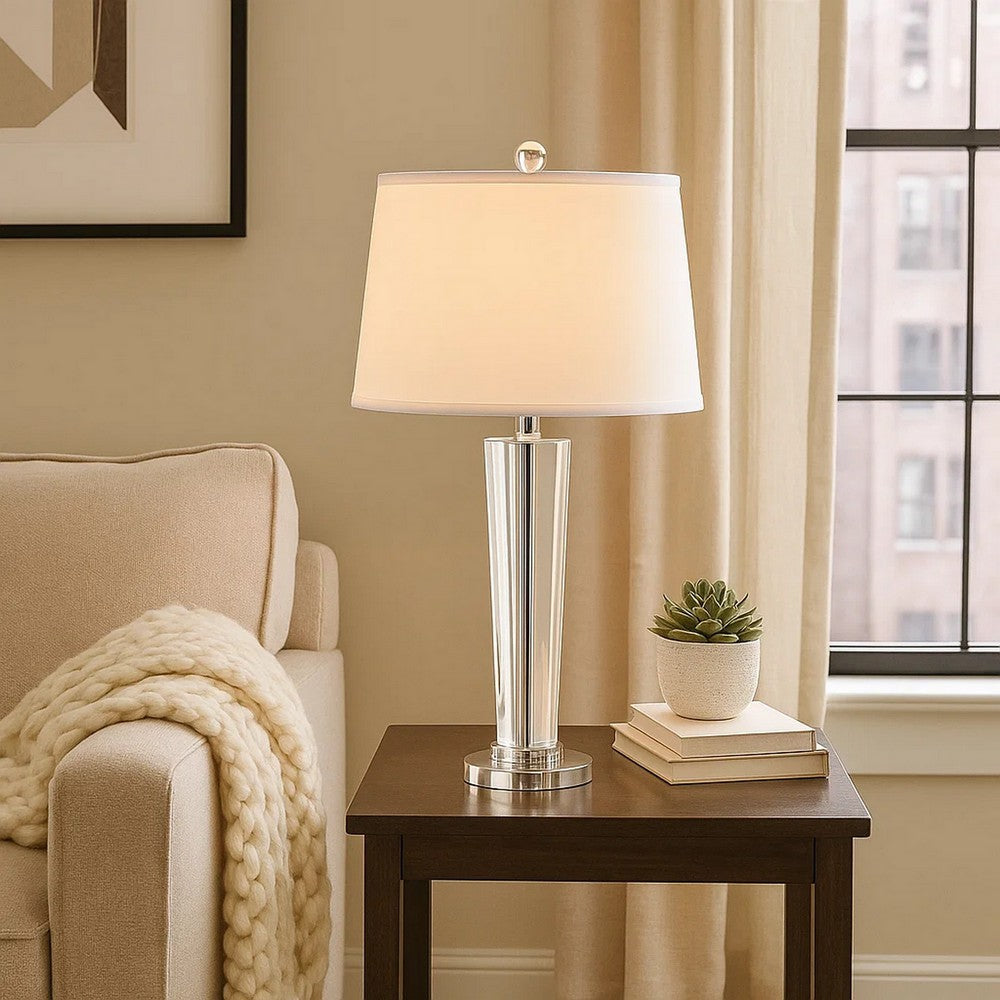 Benjara 27 Inch Table Lamp with Glass Stand, Empire Shade, Metal, Clear Finish