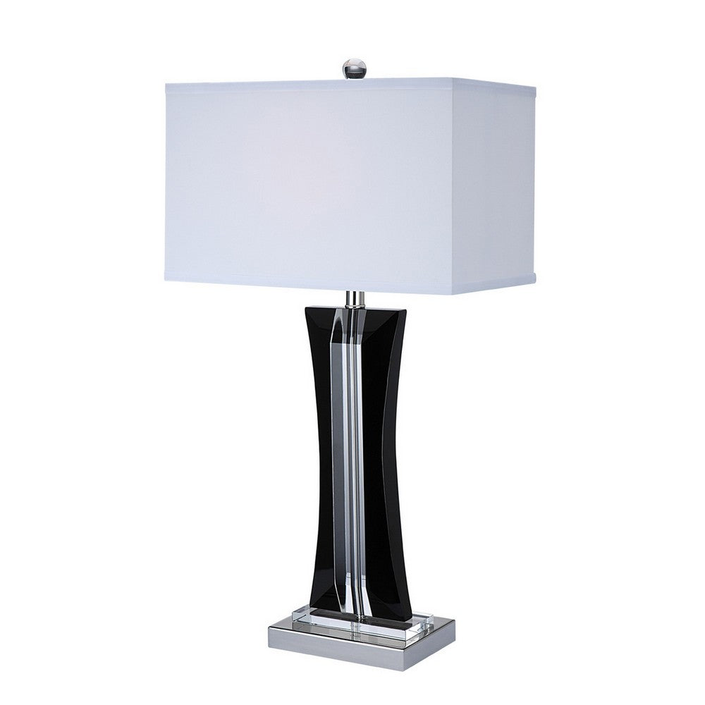 Benjara 28 Inch Table Lamp, Glass Stand, White Rectangular Shade, Metal, Black