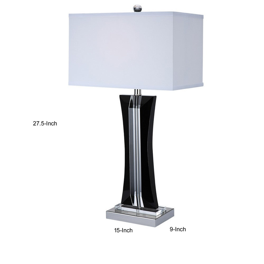 Benjara 28 Inch Table Lamp, Glass Stand, White Rectangular Shade, Metal, Black