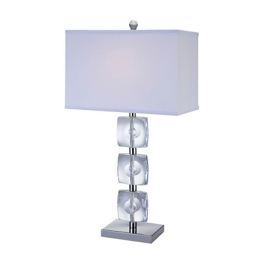 Benjara 28 Inch Table Lamp, Crystal Stand, White Rectangular Shade, Metal, Clear