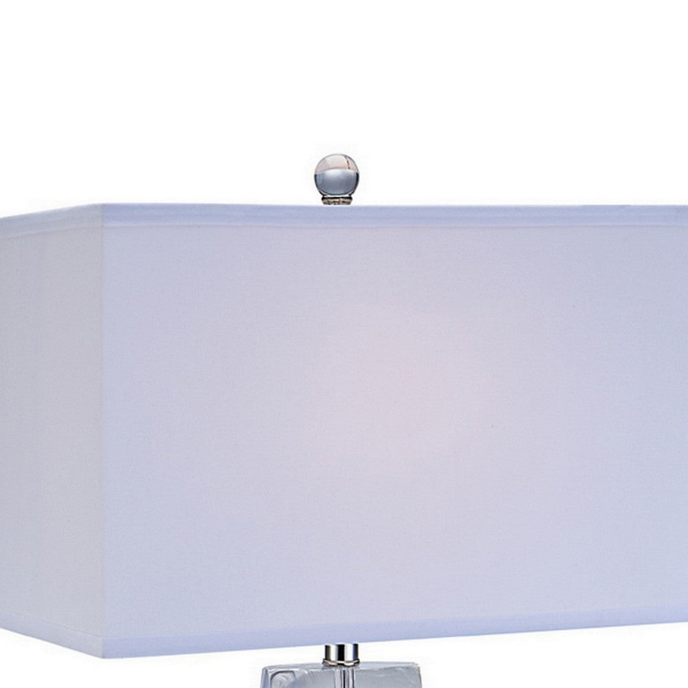 Benjara 28 Inch Table Lamp, Crystal Stand, White Rectangular Shade, Metal, Clear