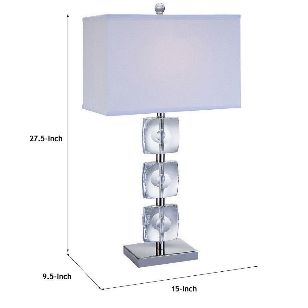 Benjara 28 Inch Table Lamp, Crystal Stand, White Rectangular Shade, Metal, Clear